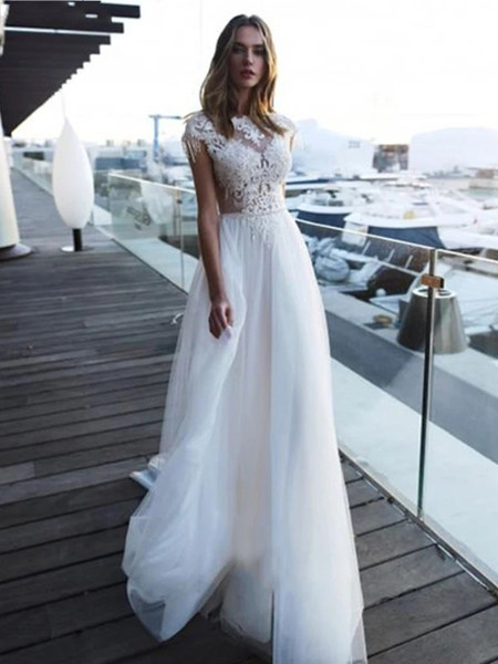 New Arrive Boho Beach Wedding Dresses Jewel Short Sleeves Open Back Lace Appliques Modern A Line Bridal Gowns Vestido de noiva Custom