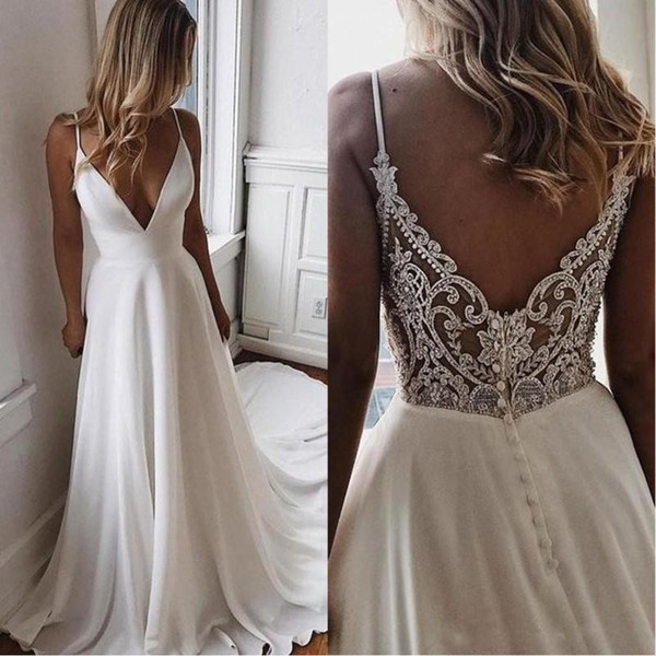 Boho Beach A Line Chiffon Wedding Dresses Simple V Neck Beaded Lace Appliques Bridal Gowns Cheap Custom Bride Dress Vestidos De Novia