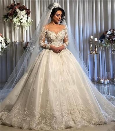 A-Line Vintage Wedding Dresses Crew Sheer Neck Long Sleeves Princess Lace Appliques Beaded Tulle Court Train Bridal Ball Gowns