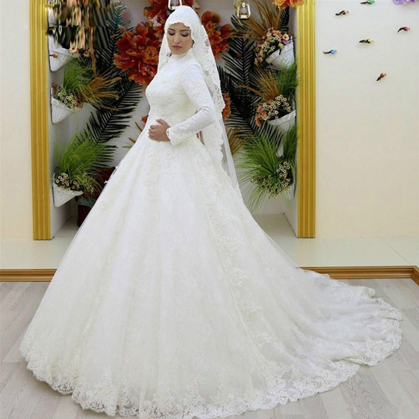 Arabic Muslim Wedding Dresses High Neck Long Sleeve Full Lace Satin Ball Gown Modest Design Bridal Gowns New Dubai Wedding