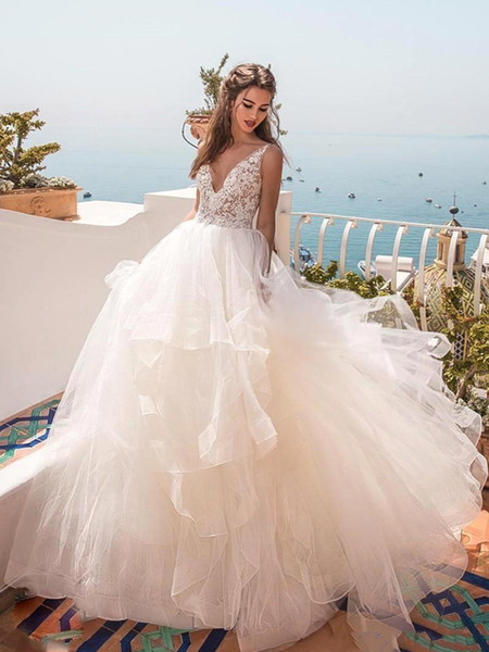 Ball Gown Ruffles Tiered Tulle Wedding Dresses Illusion Lace Bodice Low Back V Neck Princess Gorgeous Bridal Gowns New