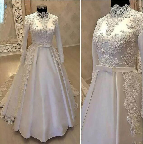 Modest Muslim Lace Wedding Dresses Long Sleeves A Line Full Lining Overskirts Satin Gorgeous Bridal Gowns Plus Size vestidos de