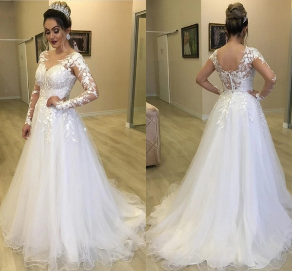 Long Sleeves Lace Wedding Dresses Scoop Cover Button Back Tulle Skirts Appliques Modern A Line Boho Bridal Gowns Vestido de noiva