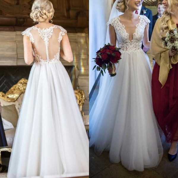 Boho Beach Wedding Dresses Scoop Cover Button Back Top Lace Tulle Skirts Appliques Custom A Line Long Bridal Gowns Vestido de noiva
