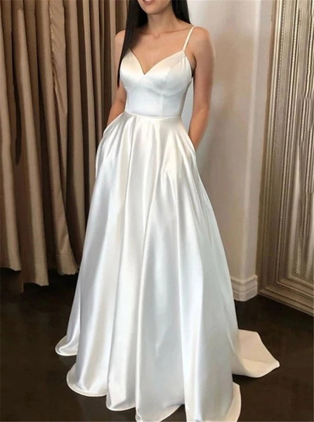 Simple Long Stain Wedding Dresses With Pockets Spaghetti Strap Sleeveless Modest Bridal Gowns Vestidos De Noiva Custom Cheap