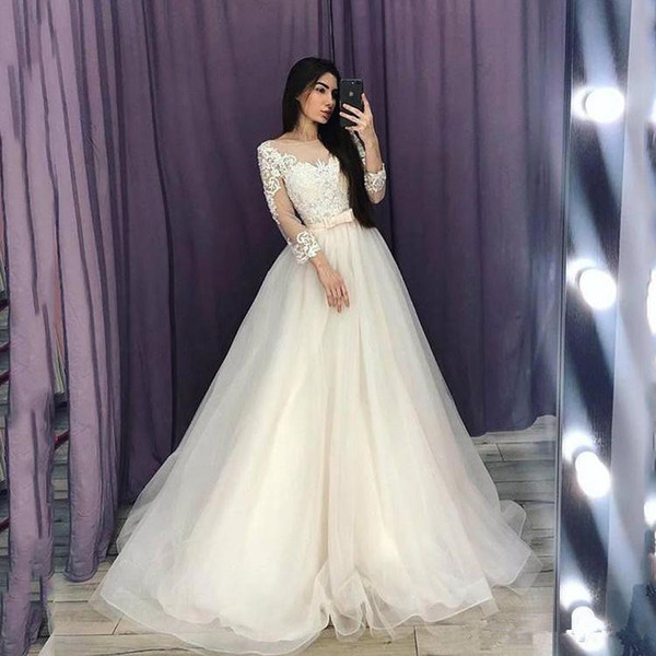 A-Line Tulle Sheer Wedding Dresses New Design Custom Bow Sash 3/4 Long Sleeve Lace Country Bridal Gowns Vestidos De Novia W271