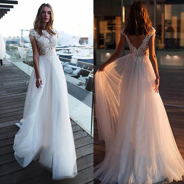 A-Line Tulle Boho Wedding Dresses New Hot Selling Custom Made Sweep Train Cap Sleeve Backless Lace Bridal Gowns Vestidos De Novia W283