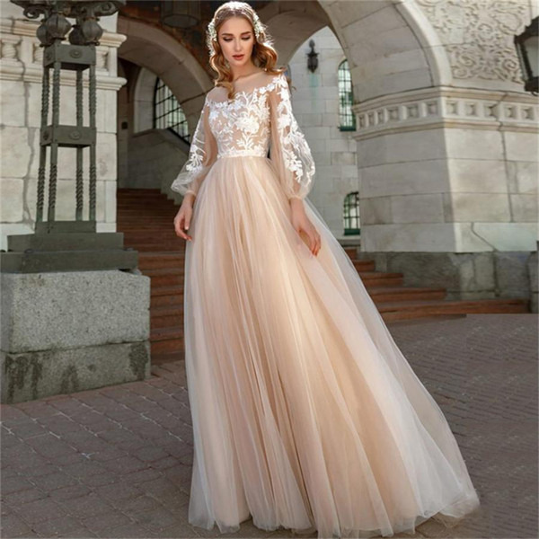 Boho Lace Country Wedding Dresses New Design Custom Made Applique Long Sleeve A-Line Tulle Sheer Bridal Gowns Vestidos De Novia W270