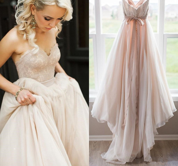 Blush Pink Romantic Wedding Dresses New Design Sweep Train Matched Sash Sweetheart A-Line Lace Garden Bridal Gowns Robe de Mariage W187