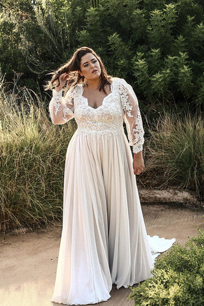 Plus Size Lace Wedding Dresses With Detachable Sleeve Sweep Train Pleats Custom A-Line Empire Chiffon Bridal Gowns Vestido De Novia W210