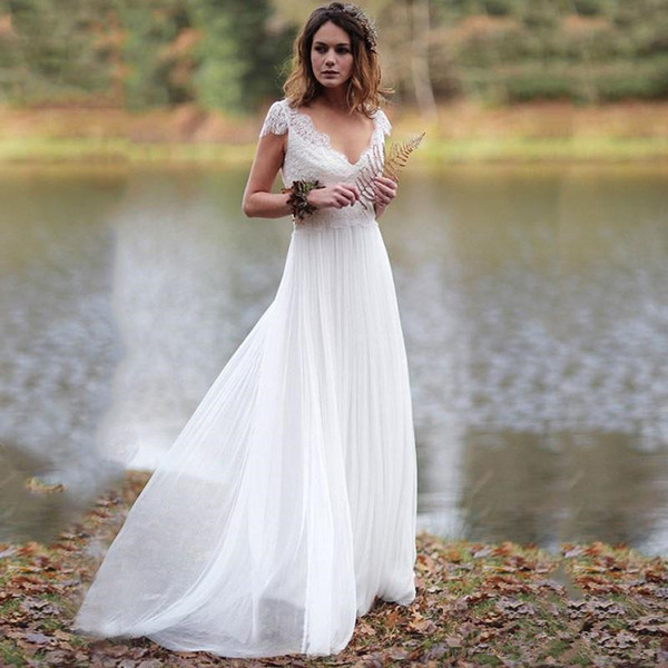 Bohemian Lace Beach Wedding Dresses New Design Custom Made Sweep Train V-Neck Backless A-Line Cap Sleeve Tulle Bridal Gowns W138