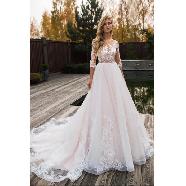 Lace Country Wedding Dresses Vestido De Novia Court Train Custom Scoop Neckline 3/4 Long Sleeve A-Line Tulle Sheer Bridal Gowns W261