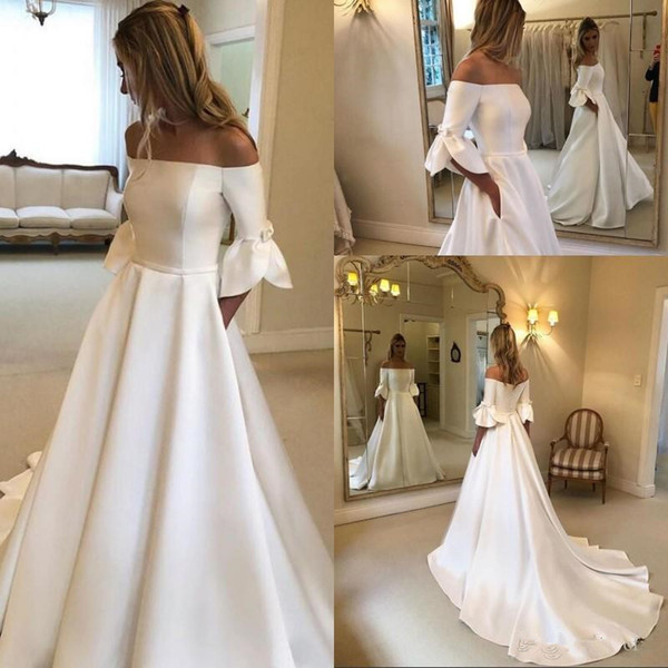 Off-the-shoulder Country Wedding Dresses New Sweep Train Half Sleeve Satin A-Line Bridal Gowns Vestios De Marriage Custom Made W302