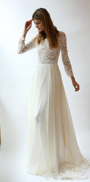 Bohemian Chiffon Beach Wedding Dresses New Custom Hot Selling Pleats 3/4 Long Sleeve Lace Modest Bridal Gowns Vestido De Novia W175