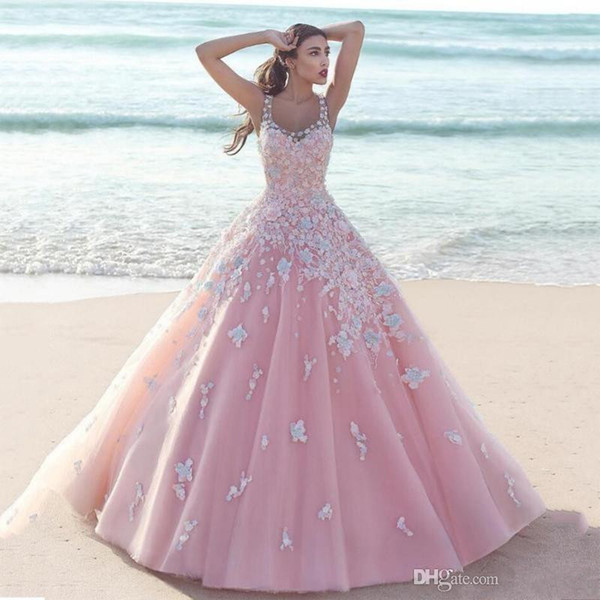 Romantic Pink Lace Wedding Dresses New Design Custom Hot Selling A-Line 3D Applique Tulle Beach Bridal Gowns Vestidos De Novia W206