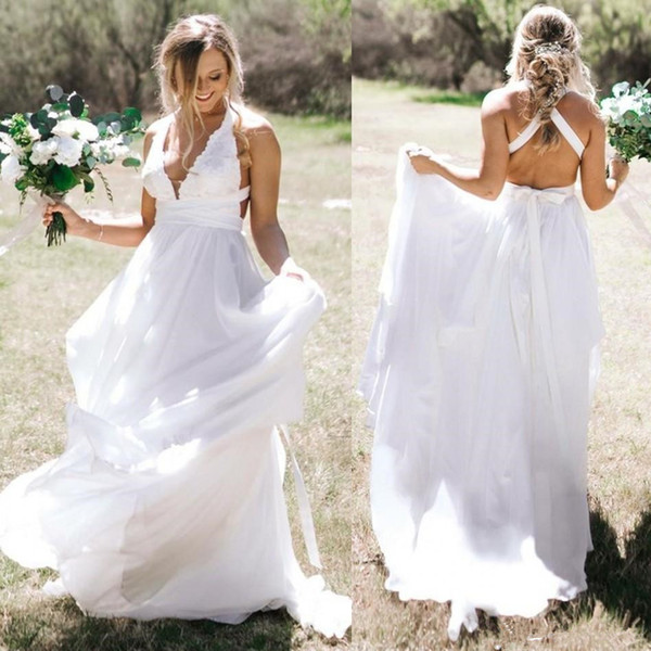 Bohemian Garden Chiffon Wedding Dresses New Design Custom Made Sweep Train Backless Halter Lace Bridal Gowns Vestidos De Novia W209