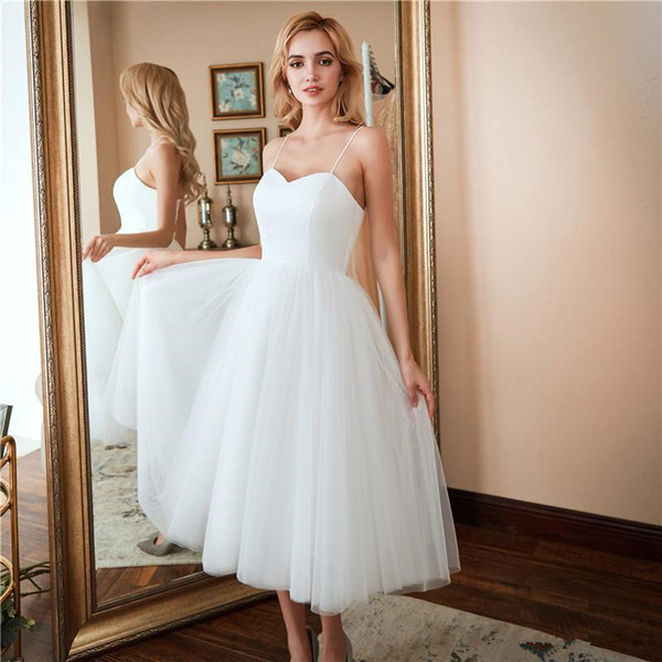 Summer Short Tulle Wedding Dresses New Design Cheap Simple Style Spaghetti Strap A-Line Tea Length Bridal Gowns Vestido De Novia W202