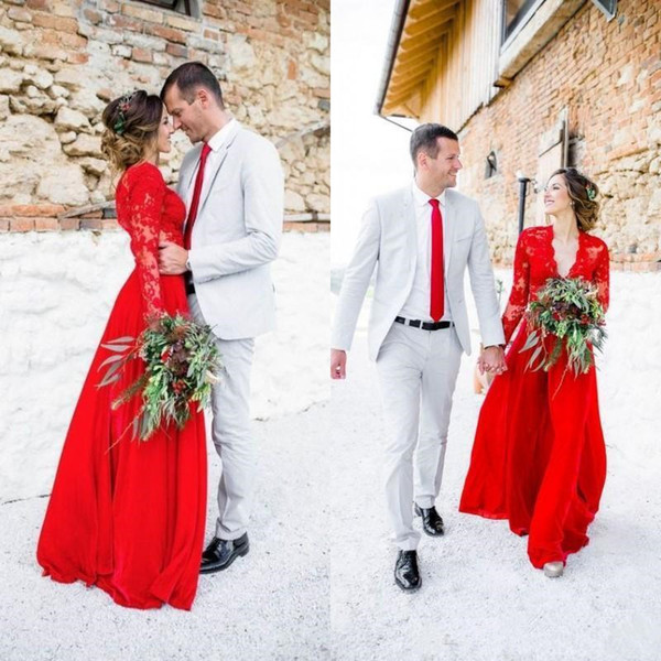 Long Sleeve Red Wedding Dresses New Design Custom Made Hot Selling V-Neck Romantic Boho A-Line Lace Bridal Gowns Vestidos De Novia W200