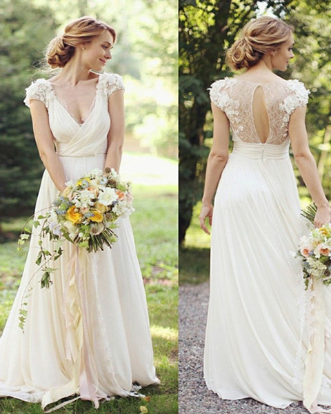 Country Chiffon Wedding Dresses V Neck Short Sleeves Hollow Back Lace Appliques Long Garden Beach Bridal Gowns Vestidos De Novia