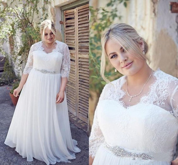 Plus Size Wedding Dresses Scoop Half Sleeves Lace-up Back Lace Appliques Long Garden Beach Bridal Gowns Vestidos De Novia Custom