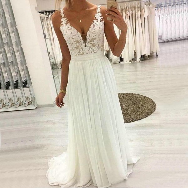 Boho Chiffon Wedding Dresses Lace Top V Neck Sleeveless Appliques Custom Beach Bridal Gowns Bride Dress Long Vestidos De Novia