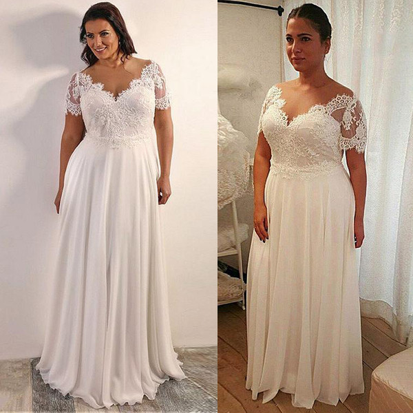 Plus Size Chiffon Wedding Dresses Sheer Neck Lace Top Short Sleeves Appliques Custom Beach Bridal Gowns Bride Dress Vestidos De Novia