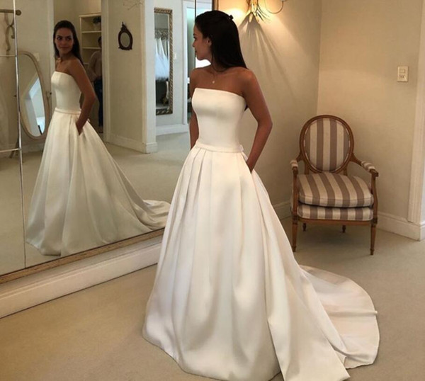 Simple Cheap Long Stain Wedding Dresses With Pockets Strapless Zipper Back Garden Bridal Gowns Vestidos De Noiva Custom Made