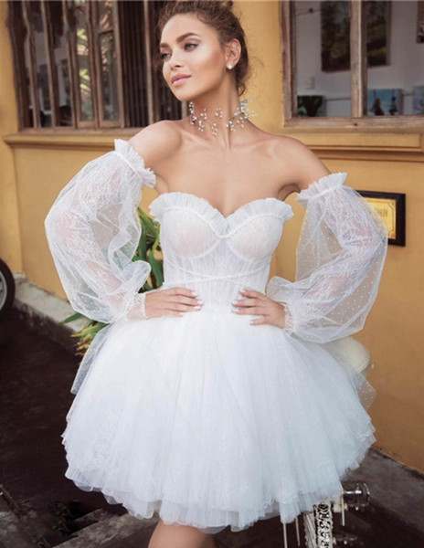 Boho Short Wedding Dresses With Detachable Long Sleeves Sweetheart Backless Tulle A Line Bridal Gowns Vestido de noiva Custom