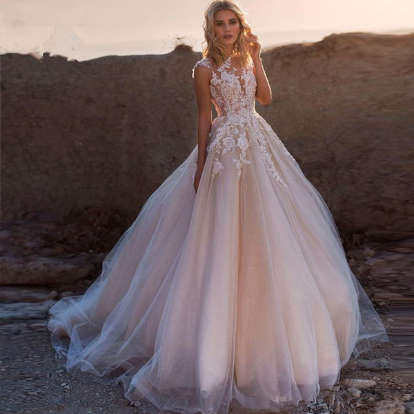 A-Line Lace Country Wedding Dresses New Vestido De Novia Sweep Train Custom Made Applique Cap Sleeve Tulle Sheer Bridal Gowns W209