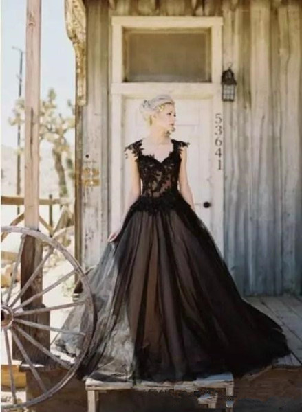 Gothic Black Wedding Dresses New Design Custom Beads Applique Backless Cap Sleeve A-Line Tulle Lace Bridal Gowns Vestido De Novia W173