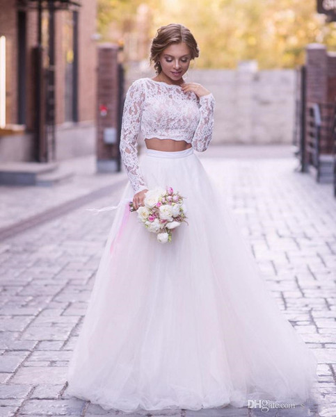 A-Line Boho Tulle Wedding Dresses New Design Custom Made Hot Selling Two Pieces Long Sleeve Lace Bridal Gowns Vestidos De Novia W205