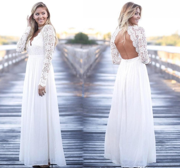 Plus Size Chiffon Wedding Dresses V-Neck A-Line Floor Length With Long Sleeves Beach Boho Country Backless Bridal Wedding Gowns