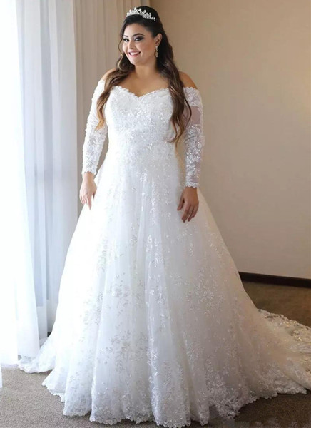 Long Sleeves Lace Plus Size Wedding Dress Appliques Off Shoulder Sweep Train Tulle A Line Bridal Gowns