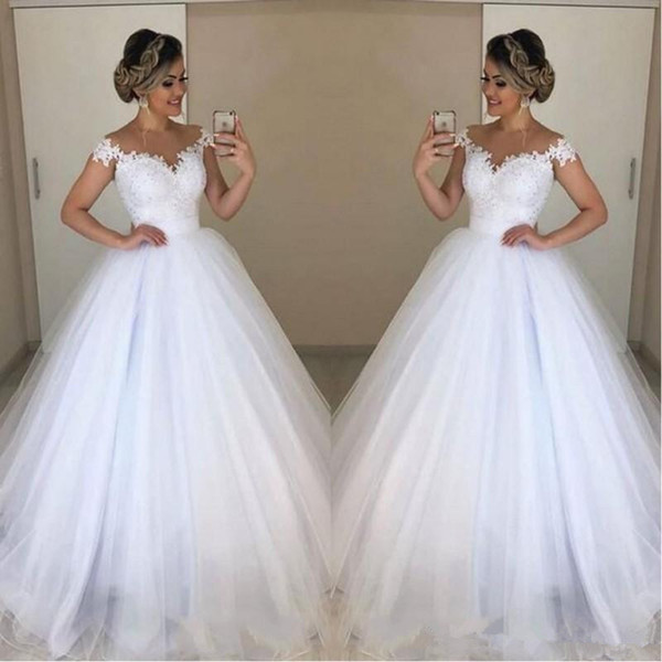 White Lace Ball Gown Wedding Dresses Appliques Long Bridal Dress Sweep Train Wedding Gown Plus Size