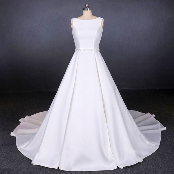 Beaded Satin A Line Wedding Dress with Sweep Train Ivory White Wedding Gowns Beach Bride Dress