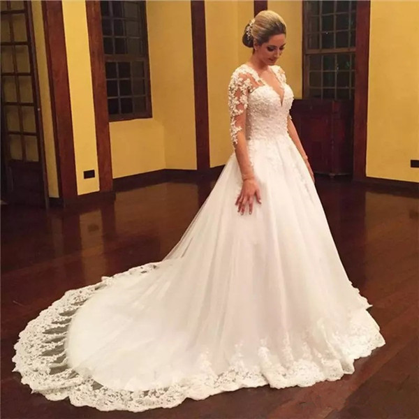 Illusion Bodice Long Sleeves Wedding Dresses New Sweep Train Wedding Gowns Button Back Bride Dress