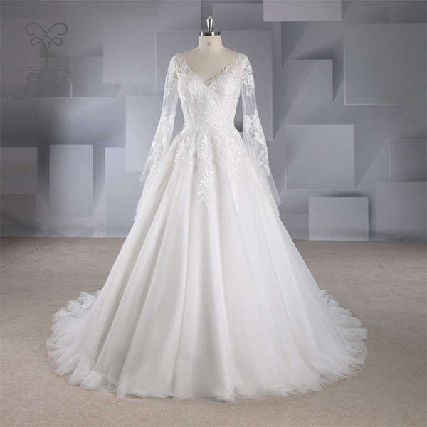 Tulle with Lace Appliques Wedding Dresses with Long Sleeves Backless Bride Dress Sweep Train Wedding Gown