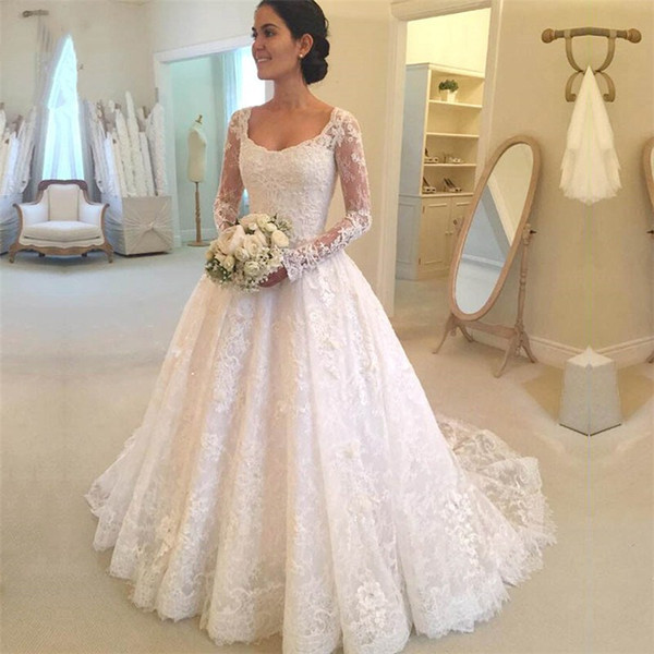 Lace Appliques A Line Wedding Dresses with Long Sleeves Ivory White Sweep Train Bridal Gowns robe de mariee