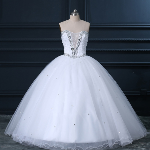 Beaded Crystal Ball Gown Wedding Dresses Sexy Wedding Gowns White Ivory Bride Dress Sweep Train