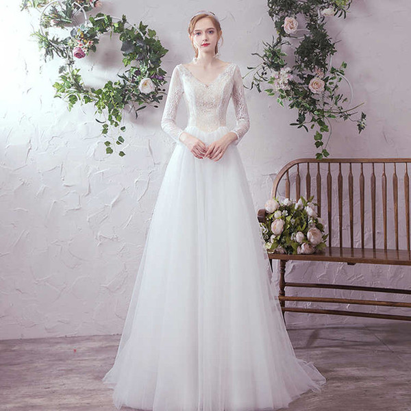 3/4 Long Sleeves A Line Wedding Dress Lace Appliques Wedding Gowns Sweep Train Bridal Gown