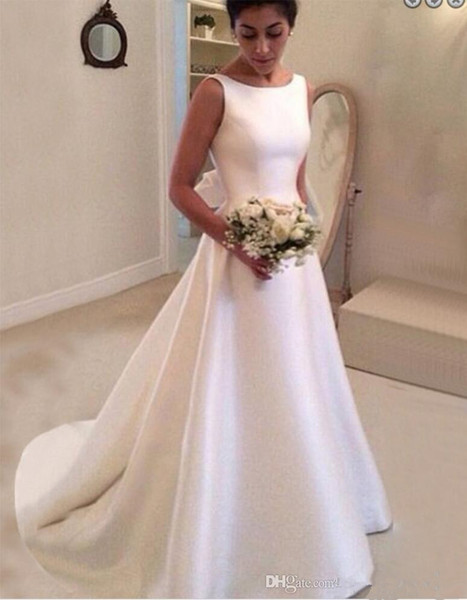 Ivory White Satin A-Line Wedding Dress With Bow Sweep Train Bridal Gown robe de mariage