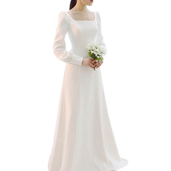 Long Sleeves Winter Wedding Dresses Satin Beach Wedding Gowns Lace Up Bridal Gown Ivory White