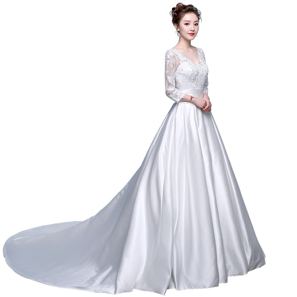 Satin A Line Wedding Dress with V Neckline Long Sleeves Bride Dresses Lace Appliques Wedding Gown Sweep Train