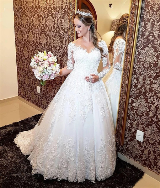 Vestido De Noiva Long Sleeve Tulle Wedding Dress Bride Handmade Lace applique robe Mariage Gown