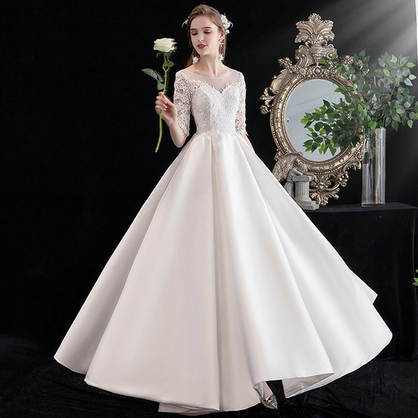 Scoop Neck Lace Satin A Line Wedding Dresses with Open Back Half Sleeves Bridal Gowns Ivory White