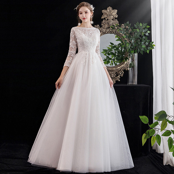 3/4 Long Sleeves Wedding Dress with Lace Appliques Tulle A Line Wedding Gowns Lace Up Bride Dresses vestido novia