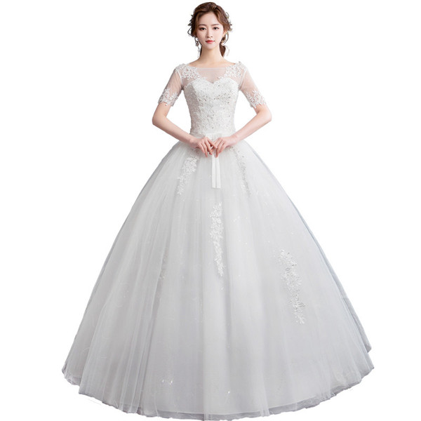 In Stock Ball Gown Wedding Dress with Lace Short Sleeves Wedding Gowns Open Back Bride Dress vestido de noiva