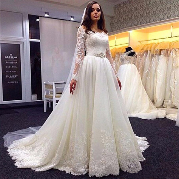 Vestidos De Novia Lace Appliqued Wedding Dress with Long Sleeves Button Back Bridal Gowns Ivory White