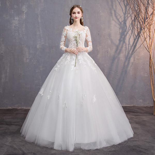 3/4 Long Sleeves Ball Gown Wedding Dresses with Handmade Lace Appliques Floor Length Bridal Dresses Gowns Ivory White