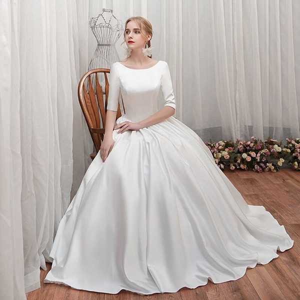 Half Sleeves Satin Beach Wedding Dress Spring Fall A Line Wedding Gowns vestido de noiva